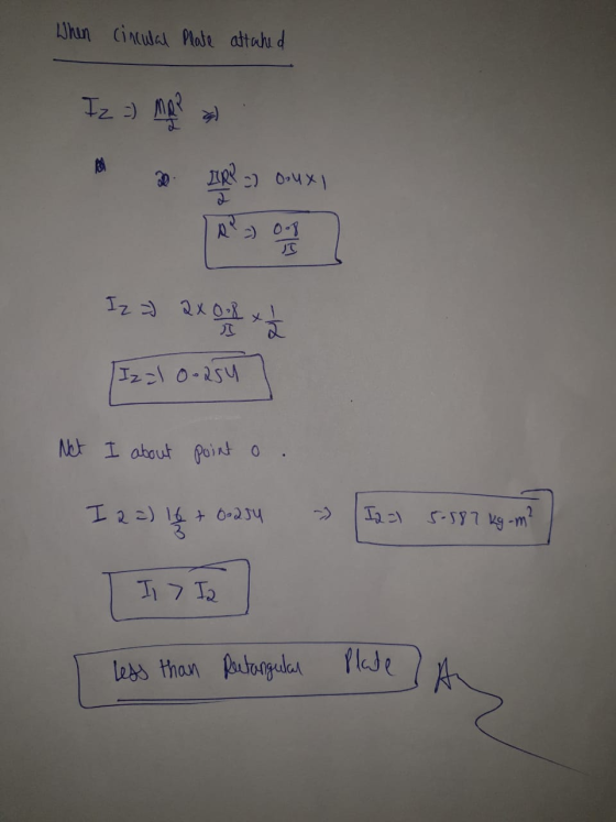 When cinculal Plate attached Iz =) MA? 2. IRP 23 O-ux Iz 2X0.1 + Iz 21 0-254 Net I about point o. I 2 =) 16 + 0-254 » I2 =) 5
