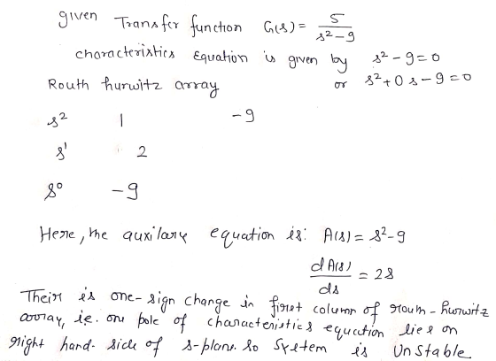 given Transfer function characteristics Equation Routh hurwitz array G18) Eg is given by co s²-ga or 8² +0s-g=0 8 2 80 -9 He