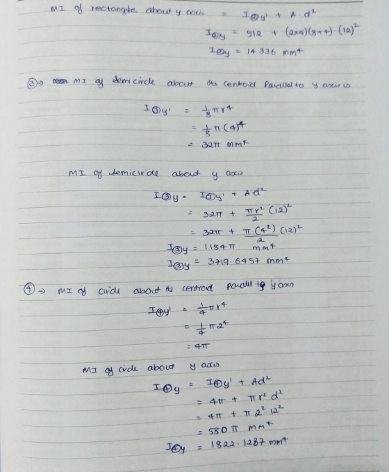 MI o rectangle about y och og & A. d² + (x4) (3+4). (12) ² STO Iay IOy 14 336 mm po MIG Semi cirde about Its Centroid Paralel