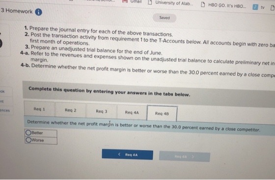 . Umail University of Alab.. HBO GO. Its HBO..tv 3 Homework Saved 1. Prepare the journal entry for each of the above transactions. 2. Post the transaction activity from requirement 1 to the T-Accounts below. All accounts begin with zero ba first month of operations. 3. Prepare an unadjusted trial balance for the end of June. 4-a. Refer to the revenues and expenses shown on the unadjusted trial balance to calculate preliminary net in margin. 4-b. Determine whether the net profit margin is better or worse than the 30.0 percent earned by a close comp Complete this question by entering your answers in the tabs below. ok nt Req 1 Req 2 Req 3 Req 4A Req 4B nces Determine whether the net profit margin is better or worse than the 30.0 percent earned by a close competitor OBetter Worse Req 4A Req 4B
