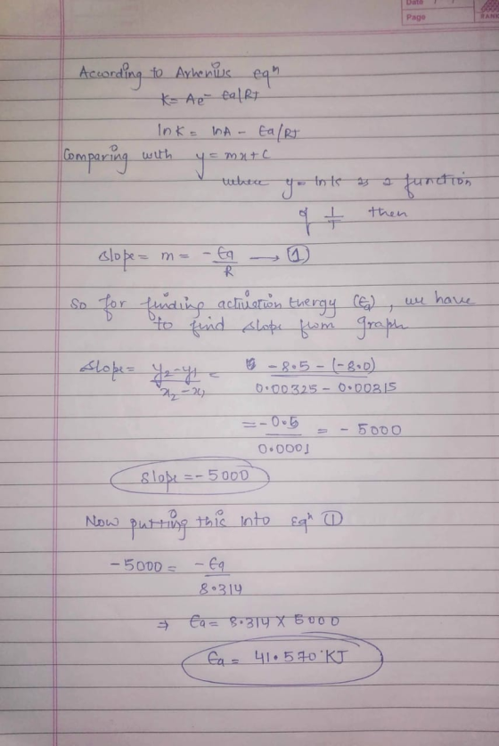 Pago RANK According to Arhenius eah Ko te talRt with matc thee yo tits as then Ea/RT Comparing yo function q + sloße= - so fo