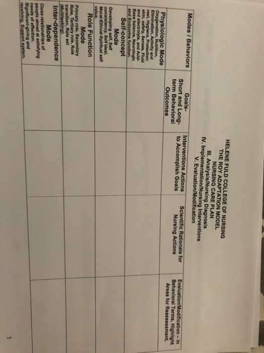 HELENE FULD COLLEGE OF NURSING THE ROY ADAPTATION MODEL NURSING CARE PLAN III. Analysis/Nursing Diagnosis IV. Implementation/
