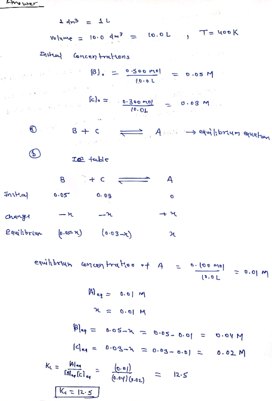 1 dm3 = 12 Volume = 10.0 dm3 = 10.02 T= 400K Initial concentrations . . (B). B). 3oomol Soomol = 0.05 M = 0.300 MOL (0.OL 0.0