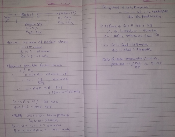 Date: Co in feed & Co in Recycle Co in wt to consunted for H2 production. → Product (P) | Reactor 1 W Feed H₂ =48% co2=52 =52