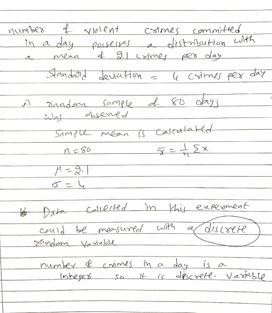 number of violent crimes committed in a day possesses a distribution wi a mean of 9.1 crimes per day Standard deviation = u c