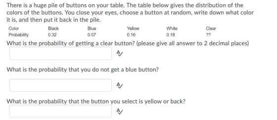 There is a huge pile of buttons on your table. The table below gives the distribution of the colors of the buttons. You close