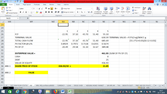NPV, IRR, PBP,OCFINDEX - Microsoft Excel (Product Activation Failed) View Add-Ins File Home Insert Page Layout Formulas Data