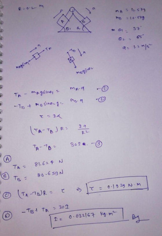 -0.2 m MB = 10.5kg to a 37 a. 1.2 m/s magsinan TA-magsing, = MAG -To + mo sinongo mora - o Gino а (TA-TB JR: R2 - TA-TO= 301.