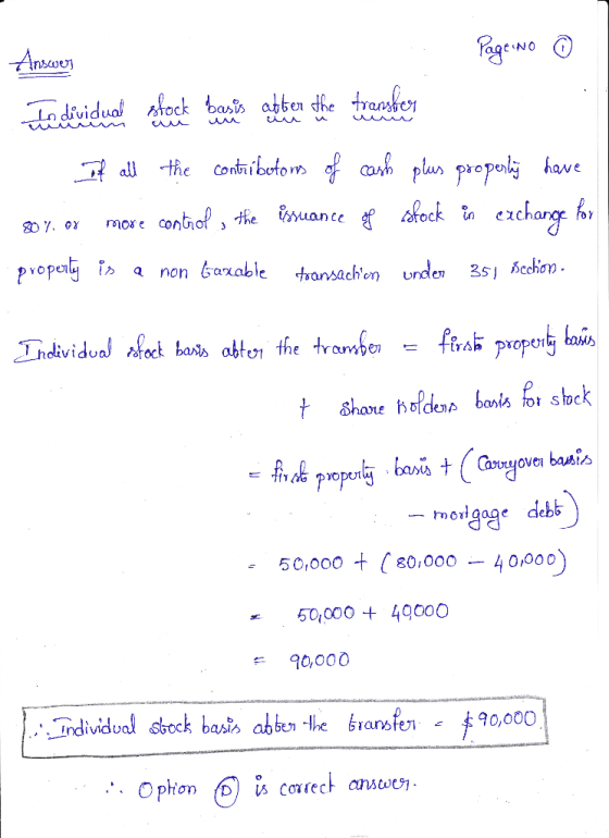 Answers Page No ③ Tondividual stock bar is alter the transfer If all the contributors of cash plus property have 80%. Ox more