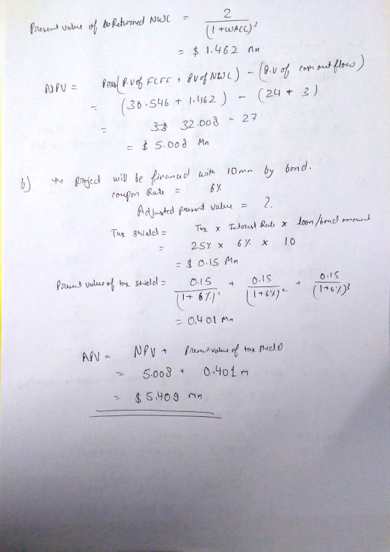 2 Present value of & Returned NWC (1 +WACC) $ 1.462 Mn NPV = Prool P. V of FLFF + PV of NW () - (p. of coger out flow) (36.54