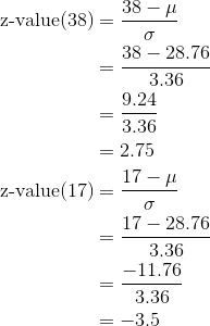 \begin{align*} \text{z-value(38)} &= \frac{38-\mu}{\sigma} \\ &= \frac{38-28.76}{3.36} \\&= \frac{9.24}{3.36} \\ &= 2.75 \\ \text{z-value(17)} &= \frac{17-\mu}{\sigma} \\ &= \frac{17-28.76}{3.36} \\&= \frac{-11.76}{3.36} \\ &= -3.5 \end{align*}