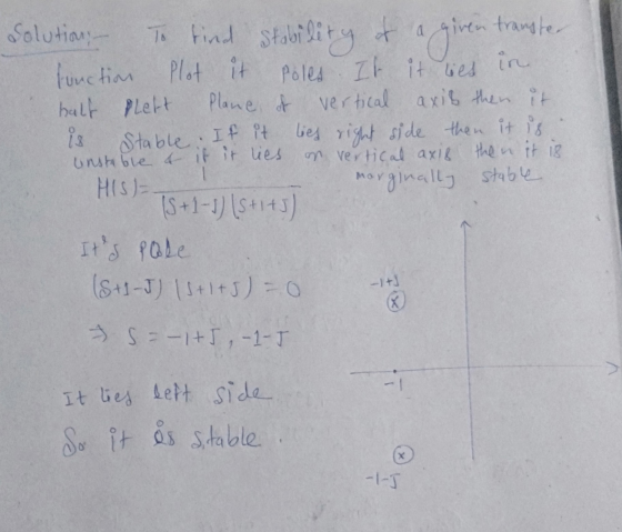 To find stability of a given transter Stable: If it Solutions - ven trauster function Plot it in Poles It it lies halt Plett