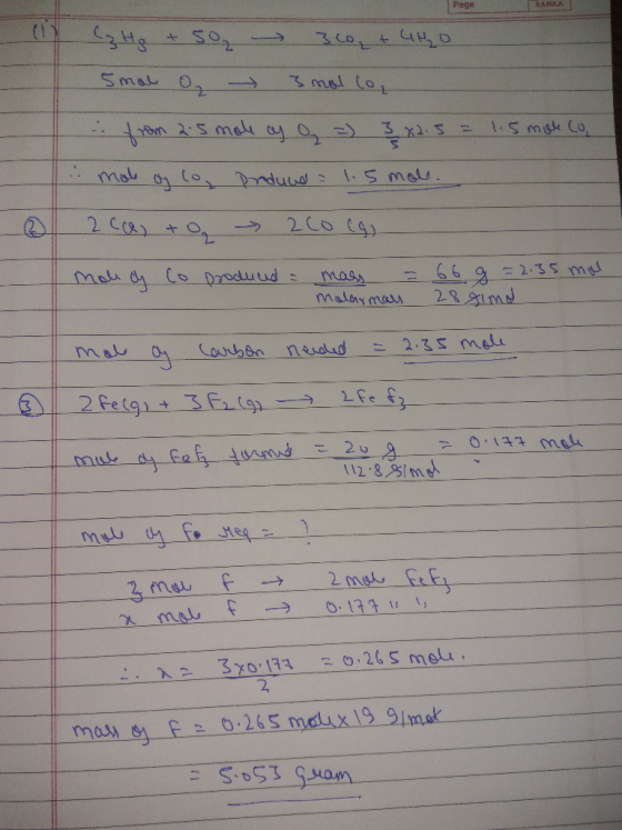 Page RANKA ܝܘ5 1 ܨܠܕܠ ܒܢܢ ܨܢܩ smal O - 3 molto, from 2.5 mole oy o = 3x2.5 = 1.5 morco, mole of Co, Produce = 1.5 mol 2.0 to