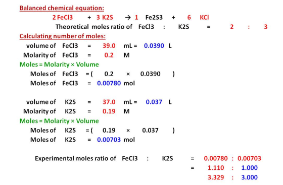 KCI S Balanced chemical equation: 2 FeCl3 + 3 K2S →1 Fe2S3 + 6 Theoretical moles ratio of FeCl3 : K2S Calculating number of m