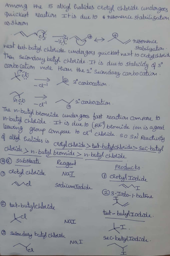 Among the 5 alkyl holides crotyl chloride undergoes quickest reaction. It is due to a nesonence stabilization as shown W X L