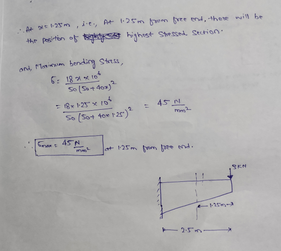 ..At x = 1.25m, i.e., At 1.25m from free end, there will be the position of highly see highest Stressed section. and, Maximum