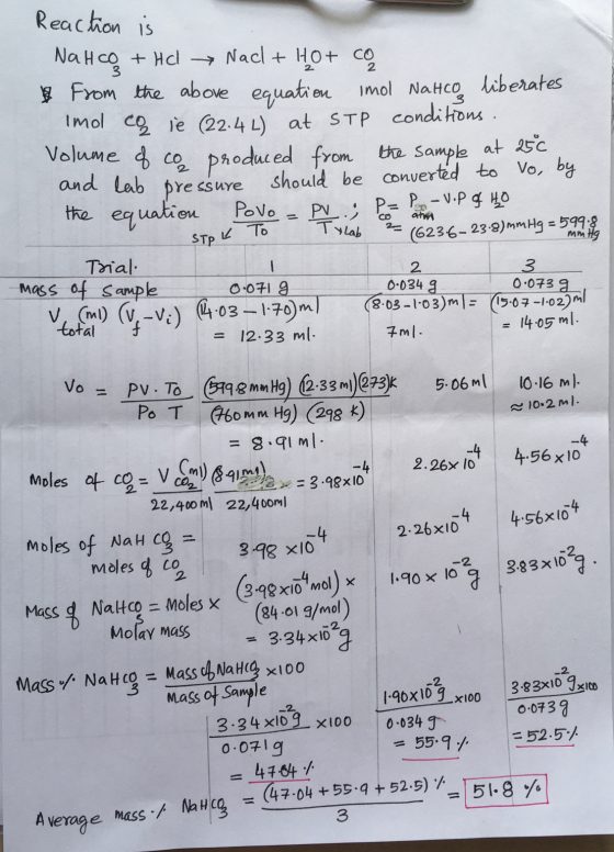 Reaction is NaHCO + HCl → Nacl + 10+ c & from the above equation imol Natco liberates Tmol co ie (22.4L) at STP conditions. V