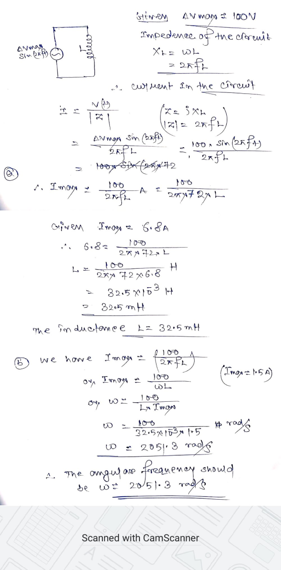 موهیموو Avmas Sim 2 ft) Ginen Avmax I 1OON Impedence of the clorenit XL a wh =aaff cwoment in the circuit SX (121= 2017 Arman