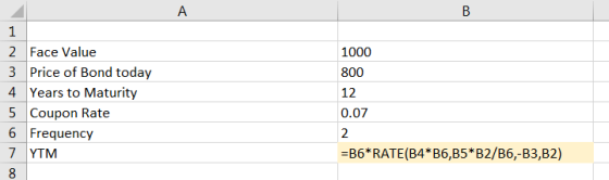 1000 800 12 2 Face Value 3 Price of Bond today 4 Years to Maturity 5 Coupon Rate 6 Frequency 7 YTM 8 0.07 =B6*RATE(B4*B6,B5*B