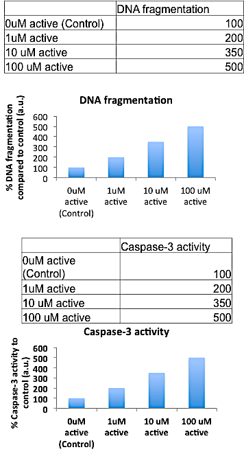 DNA fragmentation 100 200 OuM active (Control) 1uM active 10 UM active 100 UM active 350 500 DNA fragmentation % DNA fragment