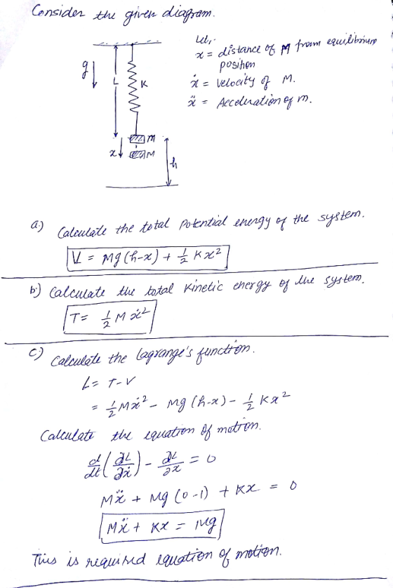 Considen the gite digpam posthen IK ay iste the em Colculaなtịt htal, Kinetic energy e system 2. C) Caleedte the lafunges not