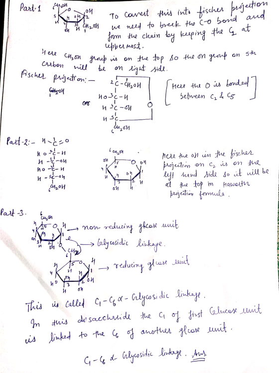 Part 1 4₂0H 애 5 4 oh 2 n CH₂ of H H 1 To covert this into fischer projection we need to breck the co bond and form the chain