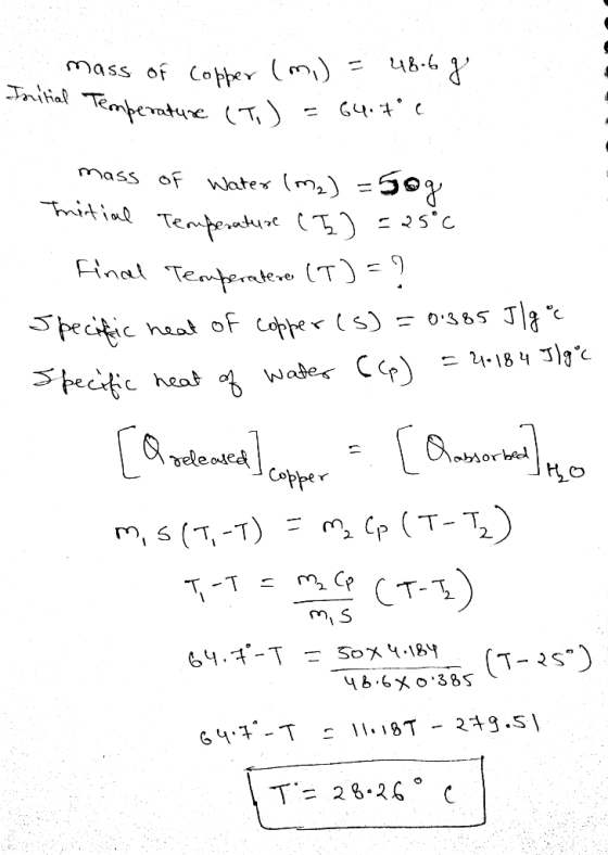 Jaritia mass of copper (mi) = 48.6 g Temperature (T) = 64.7°C mass of Water (m2) = 50g retial Temperature (I) = 25°c Final Te
