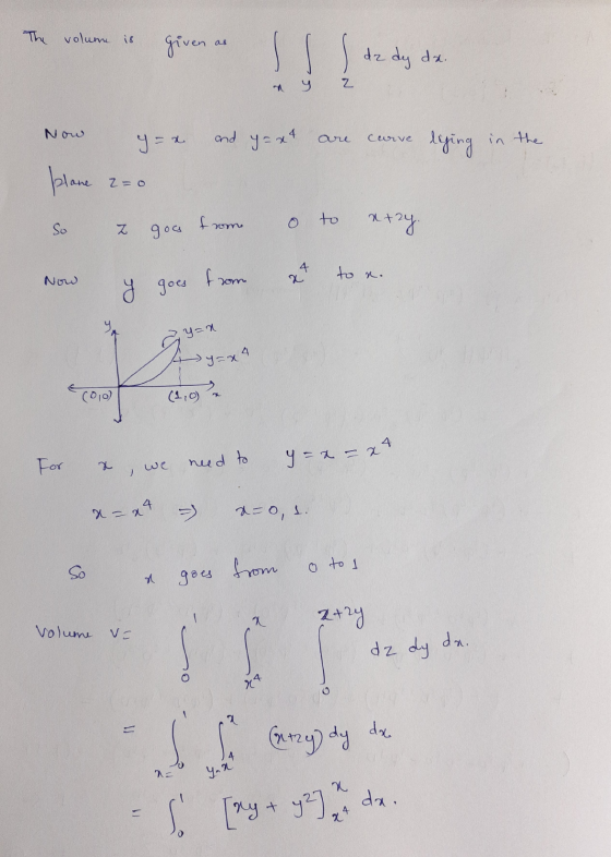The volume given dz dy da. ny Now y = x and y=xt curve are liging in the plane 2= o to So from Z goa xezy. 4 to n. Now x y go