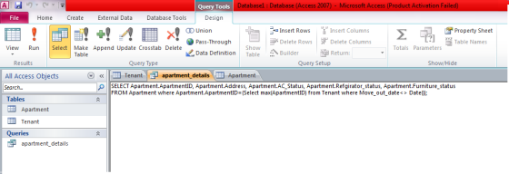 Query lools Databasel : Database (Access 2007) - Microsoft Access (Product Activation Fail File Home CreateExternal Data Data