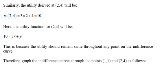 Similarly, the utility derived at (2,4) will be u. (2,4)-3x2+4-10 Here, the utility function for (2,4) will be: 10-3x+.y This