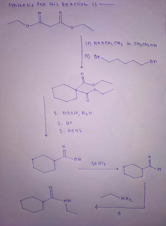 synthesis for this Reaction is- о) дооен, ен, іn онзен, он 1. Nao H, H 0 2. + 3. Неа но LOH soch -NH2
