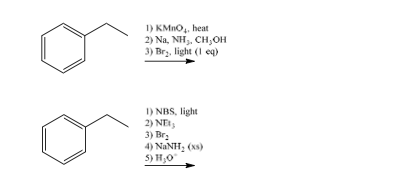 1) KMnO, heat 2) Na, NH, CH OH 3) Bry, light (1 eq) 1) NBS, light 2) NEUS 3) Brs 4) NaNH (38) S) HO