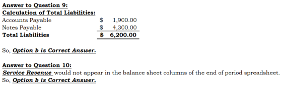 Answer to Question 9: Calculation of Total Liabilities: Accounts Payable Notes Payable Total Liabilities $ $ $ 1,900.00 4,300