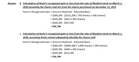 Answer b Calculation of Kevins recognized gain or loss from the sale of Bluebird stock on March 1, 2020 assuming the shares