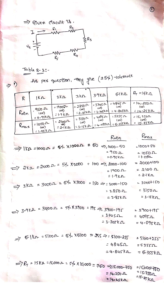 => Given circuit is, I aimat {R3 Ry Table 8-1:- 1) As per question, they give (+5%) tolerance 282 јко 13k2 3.9612 . 5.1k2 | R