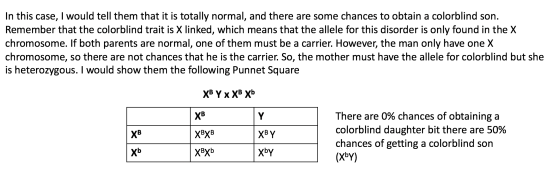 In this case, I would tell them that it is totally normal, and there are some chances to obtain a colorblind son. Remember th