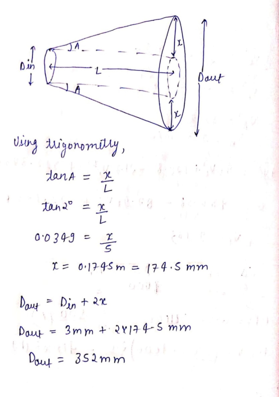 JA sin Daut Using trigonometry, tan A = 2 tana = 2 L 0:0 349 - alu x = 0.1745 m 174.5 mm Daus = Din + 2x Daut 3mm + 2x17 4.5