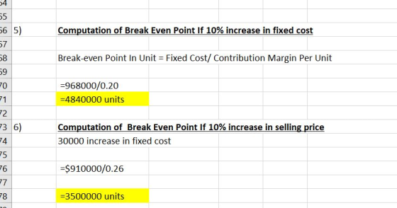 25 56 5) Computation of Break Even Point If 10% increase in fixed cost Break-even Point In Unit = Fixed Cost/ Contribution Ma