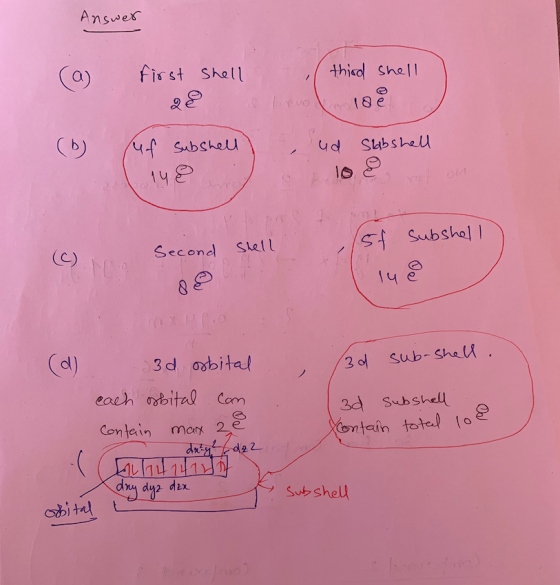 Answer (a first shell , third shell 188 (6) sud stabshell saf subshell) 14 ) Shell (5t subshell Second (C) na OPPO (d) . (3d