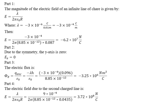 Part 1: The magnitude of the electric field of an infinite line of chare is given by: E = zu 21ɛgR Where: 1 = -3 x 10-6- =-3