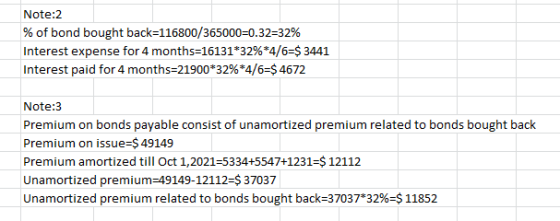 Note:2 % of bond bought back=116800/365000=0.32=32% Interest expense for 4 months=16131*32%*4/6=$ 3441 Interest paid for 4 mo