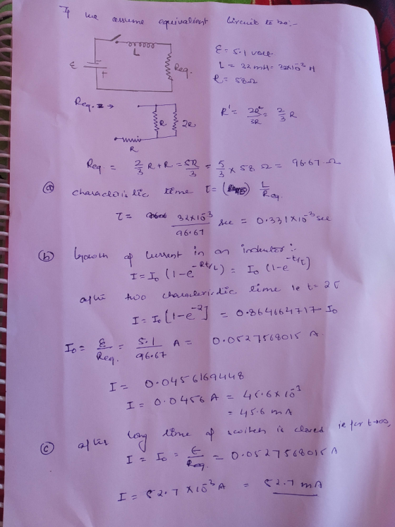 4 kue assume conivalient Circuits to bo;- Ovo E-sol vout L = 22mH = 23x10²4 e=582 @ 6 Reg. = 2 R + R = SR = 5 x 58 2 = 96.67.