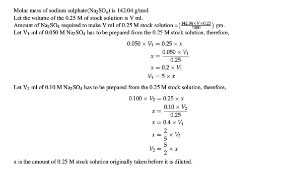 Molar mass of sodium sulphate(Na2SO4) is 142.04 g/mol. Let the volume of the 0.25 M of stock solution is V ml. Amount of Na2S