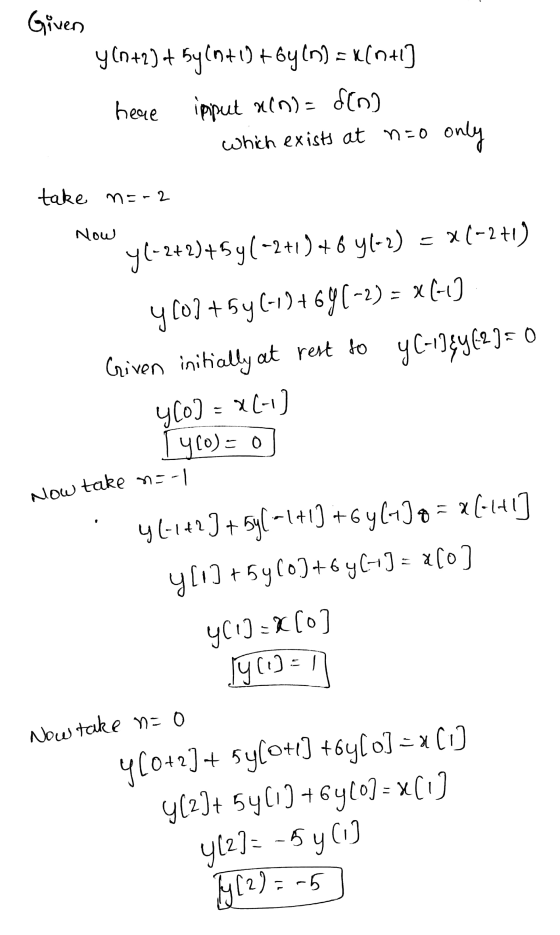 Now take na Given y (n+2) + 5y(n+1) +by (n) = x(n+1) heque ipput ain) = S(0) which exists at nao only take n=-2 Now y(-2+2)+5