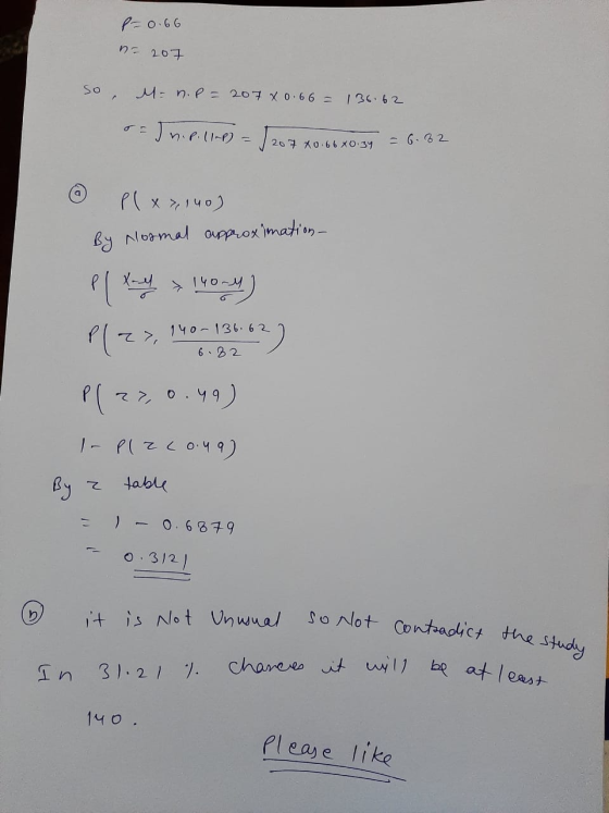 chances it will be at least p=0.66 na 207 so M= n.P=207 x 0.66 = 136.62 Sh.p.11) = 1207 207 80.6680.34 =6.82 plx>140) By Norm