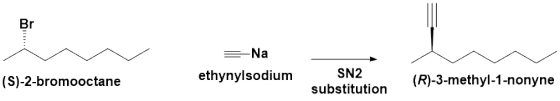 = Na ethynylsodium (S)-2-bromooctane SN2 substitution (R)-3-methyl-1-nonyne
