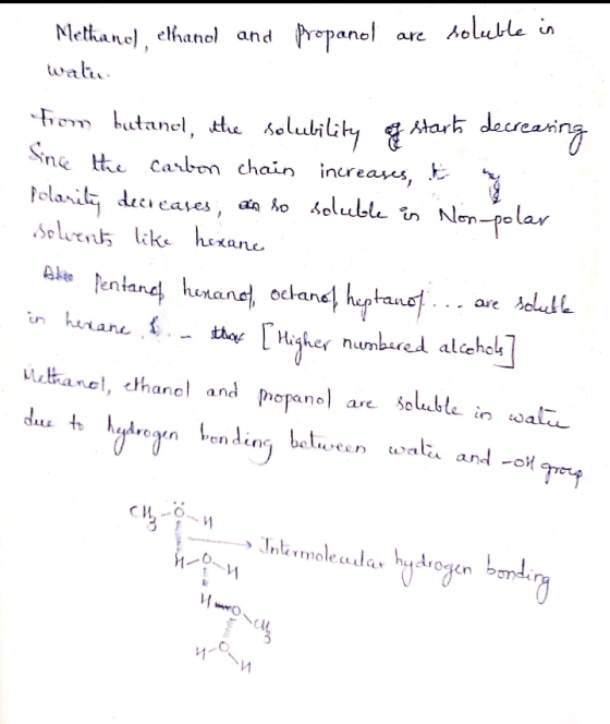 Aolutle in elhanol and repanol are Methanel wal frem butanel, te olubilihy Atarh decrearing Sne Hecarbon chain increases, da