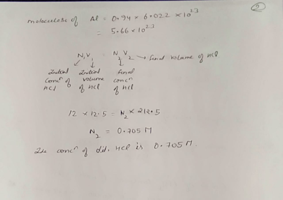 molecules of Al = 0.94 x 6.022 x 10²3 = 5.66x 1023 Nv. = N , y final volume of nel Jautial Come of not 6 zatial volume of not