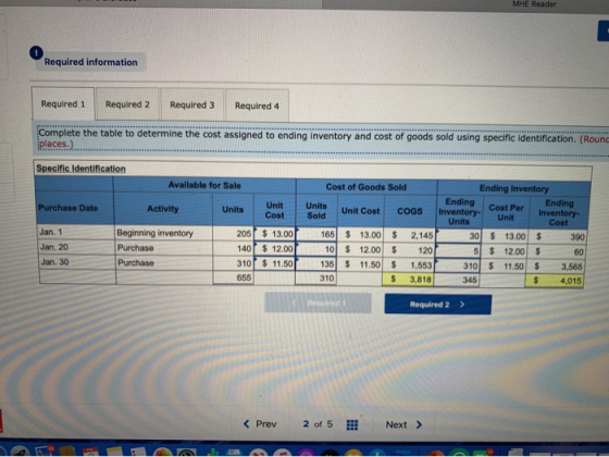 Required information Required 1 Required 2 Required 3 Required 4 Complete the table to determine the cost assigned to ending