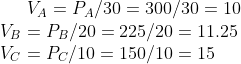 V_A=P_A/30=300/30=10\\ V_B=P_B/20=225/20=11.25\\ V_C=P_C/10=150/10=15\\